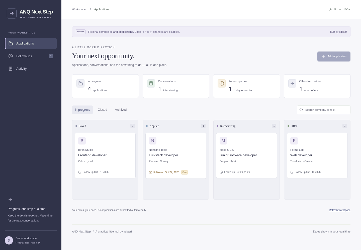 ANQ Next Step showing fictional demonstration data
