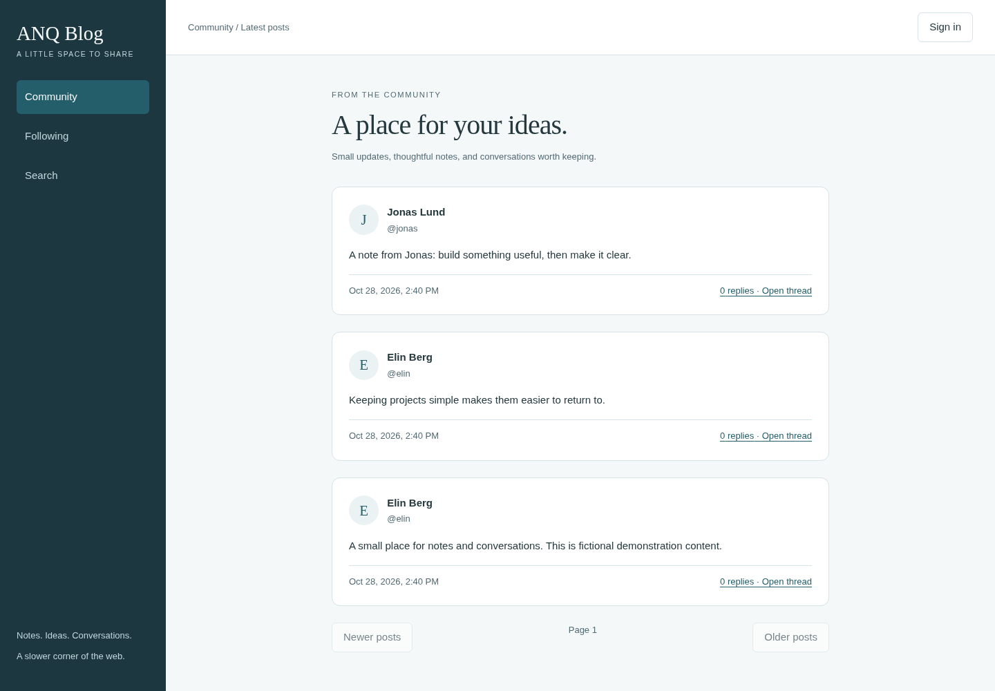 ANQ Blog community feed with fictional members and posts