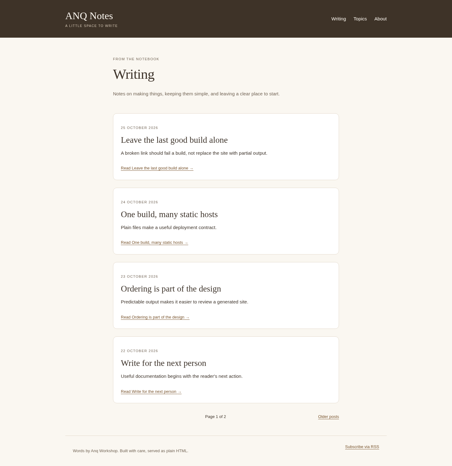ANQ Notes sample writing index with fictional articles and topic links