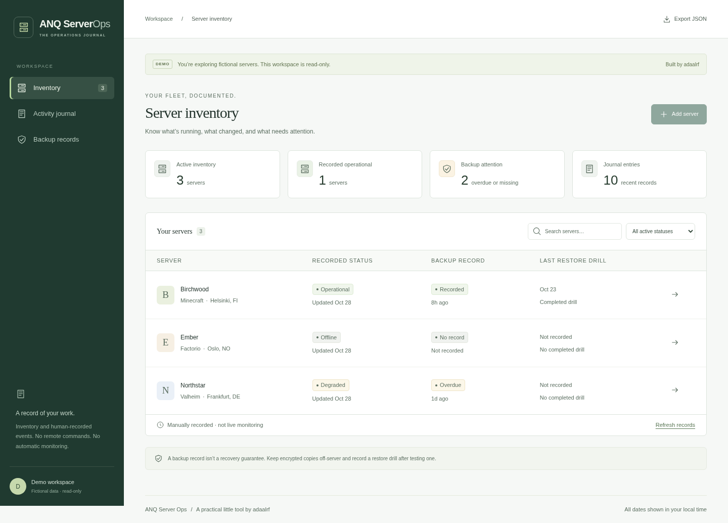 ANQ Server Ops showing fictional demonstration data